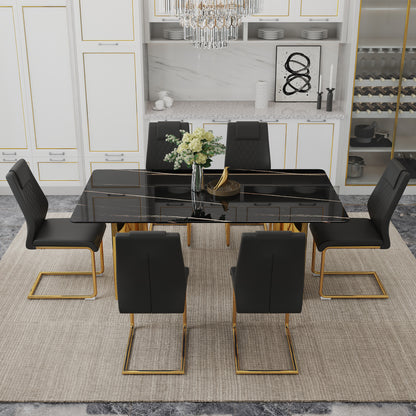 Gold Black Glass Dining Table Set with Stainless Steel Legs