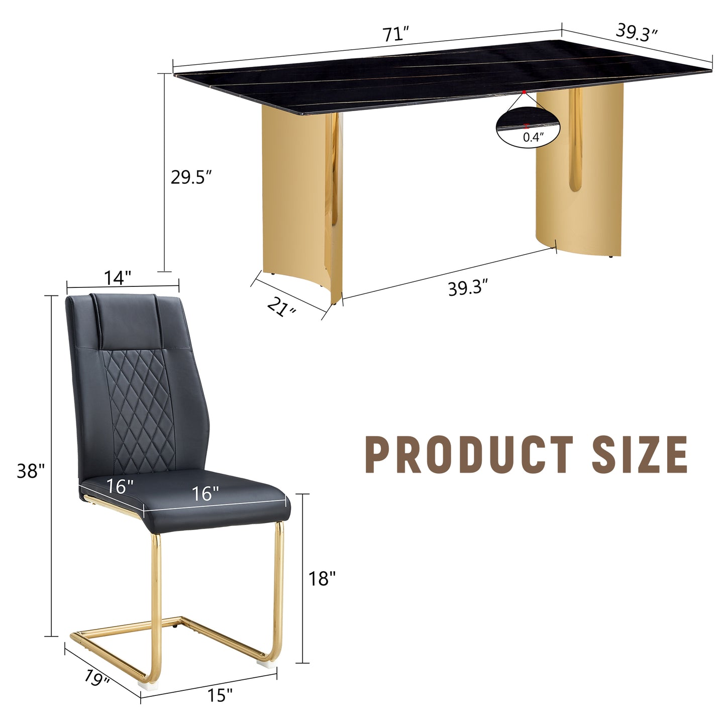 Gold Black Glass Dining Table Set with Stainless Steel Legs