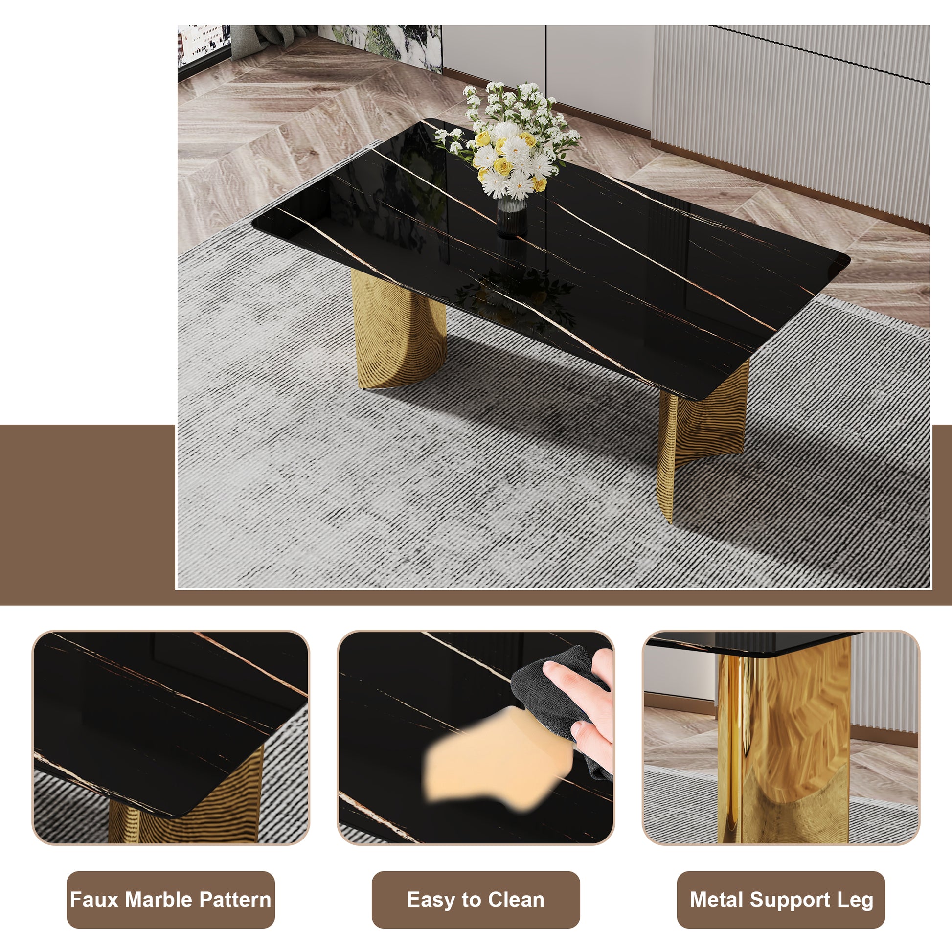 Gold Black Glass Dining Table Set with Stainless Steel Legs