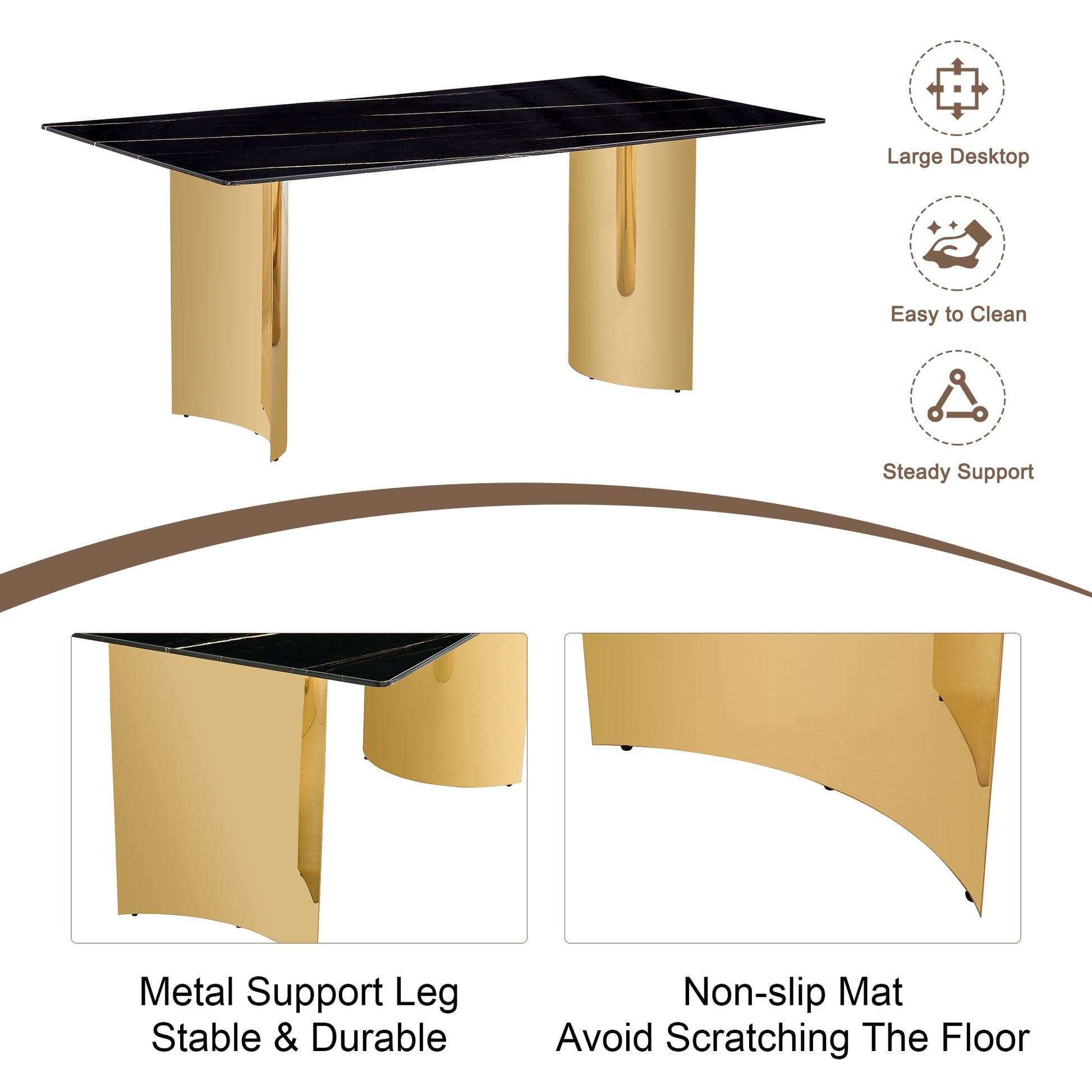 Gold Black Glass Dining Table Set with Stainless Steel Legs