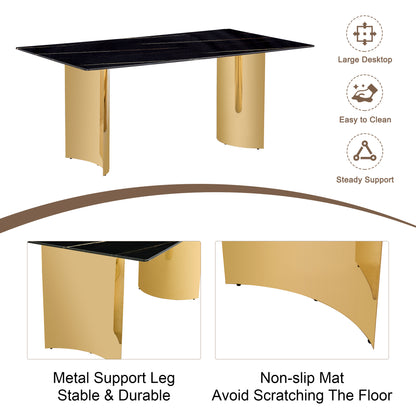 Gold Black Glass Dining Table Set with Stainless Steel Legs