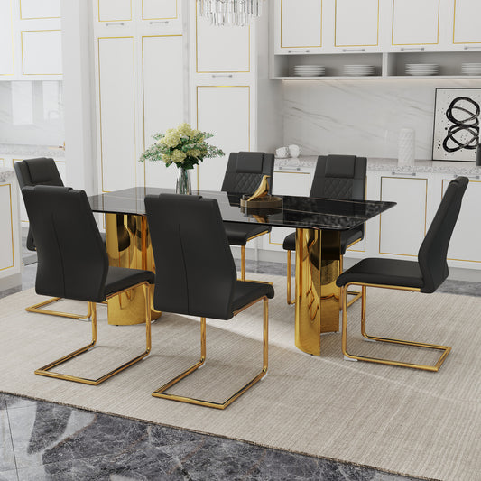 Table and chair set.The table has a glass tabletop with imitation marble pattern sticker and stainless steel golden legs.Paried with 6 Black comfortable chairs with PU seats and metal legs.W1151S01513