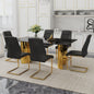 Table and chair set.The table has a glass tabletop with imitation marble pattern sticker and stainless steel golden legs.Paried with 6 Black comfortable chairs with PU seats and metal legs.W1151S01513