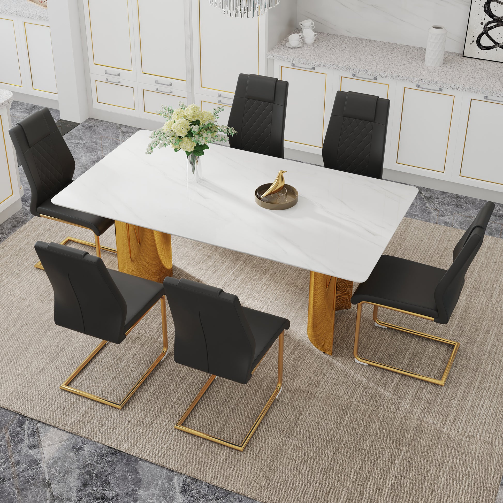 6-Person Dining Table Set Glass Marble Top