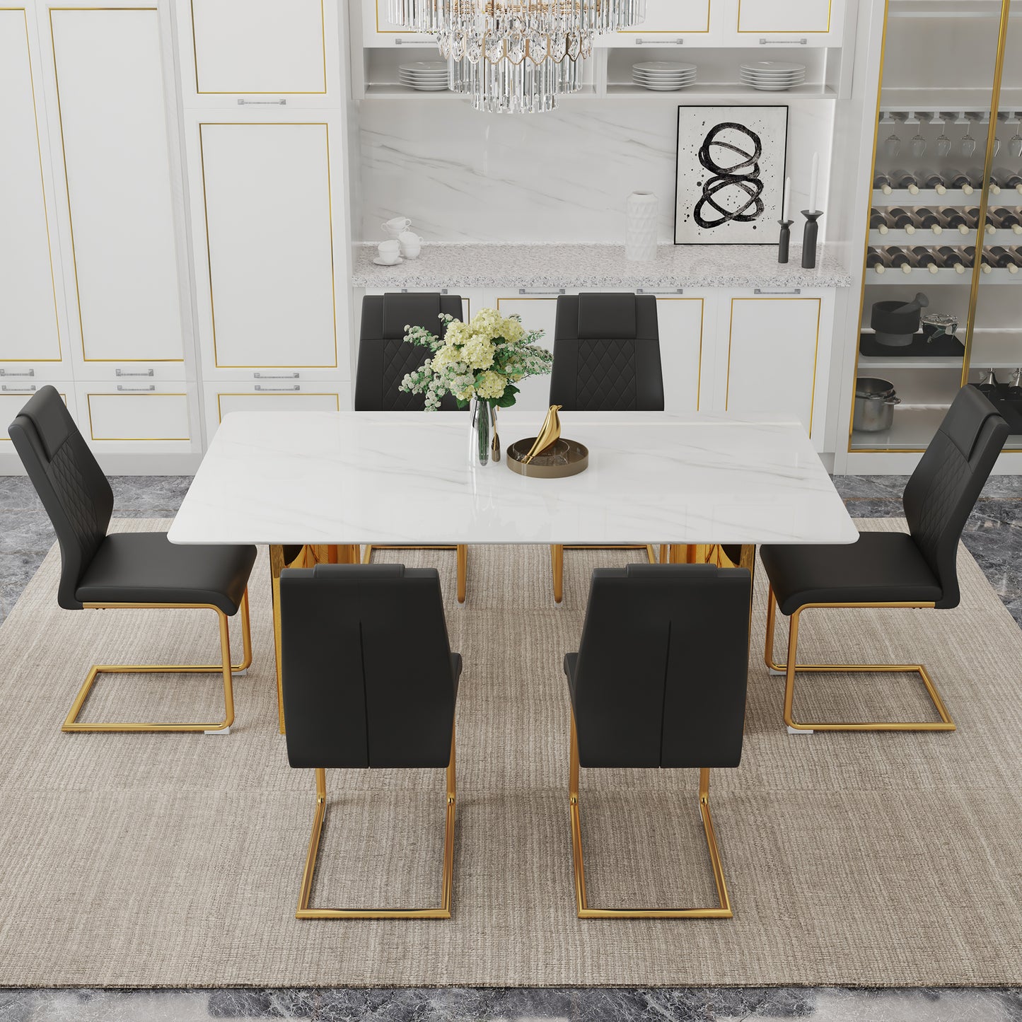 6-Person Dining Table Set Glass Marble Top