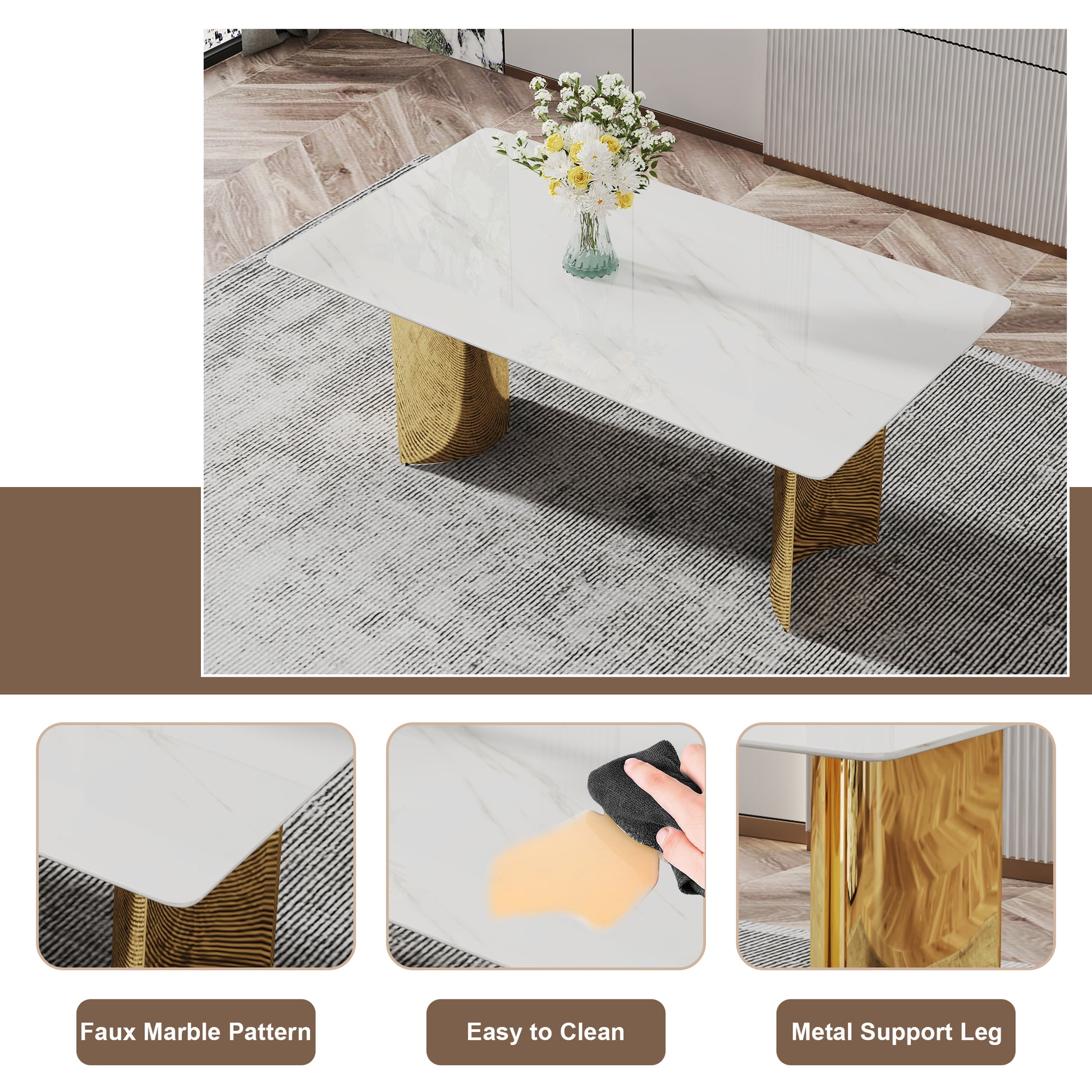 6-Person Dining Table Set Glass Marble Top