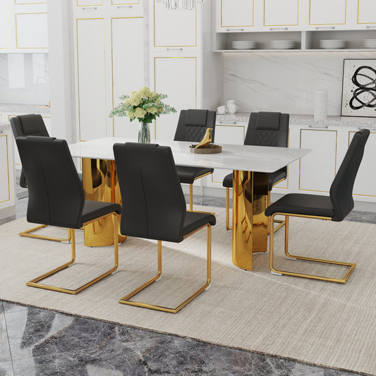 Table and chair set.The table has a glass tabletop with imitation marble pattern sticker and stainless steel golden table legs.Paried with 6 comfortable chairs with PU seats and metal legs.W1151S01526