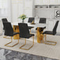 Table and chair set.The table has a glass tabletop with imitation marble pattern sticker and stainless steel golden table legs.Paried with 6 comfortable chairs with PU seats and metal legs.W1151S01526