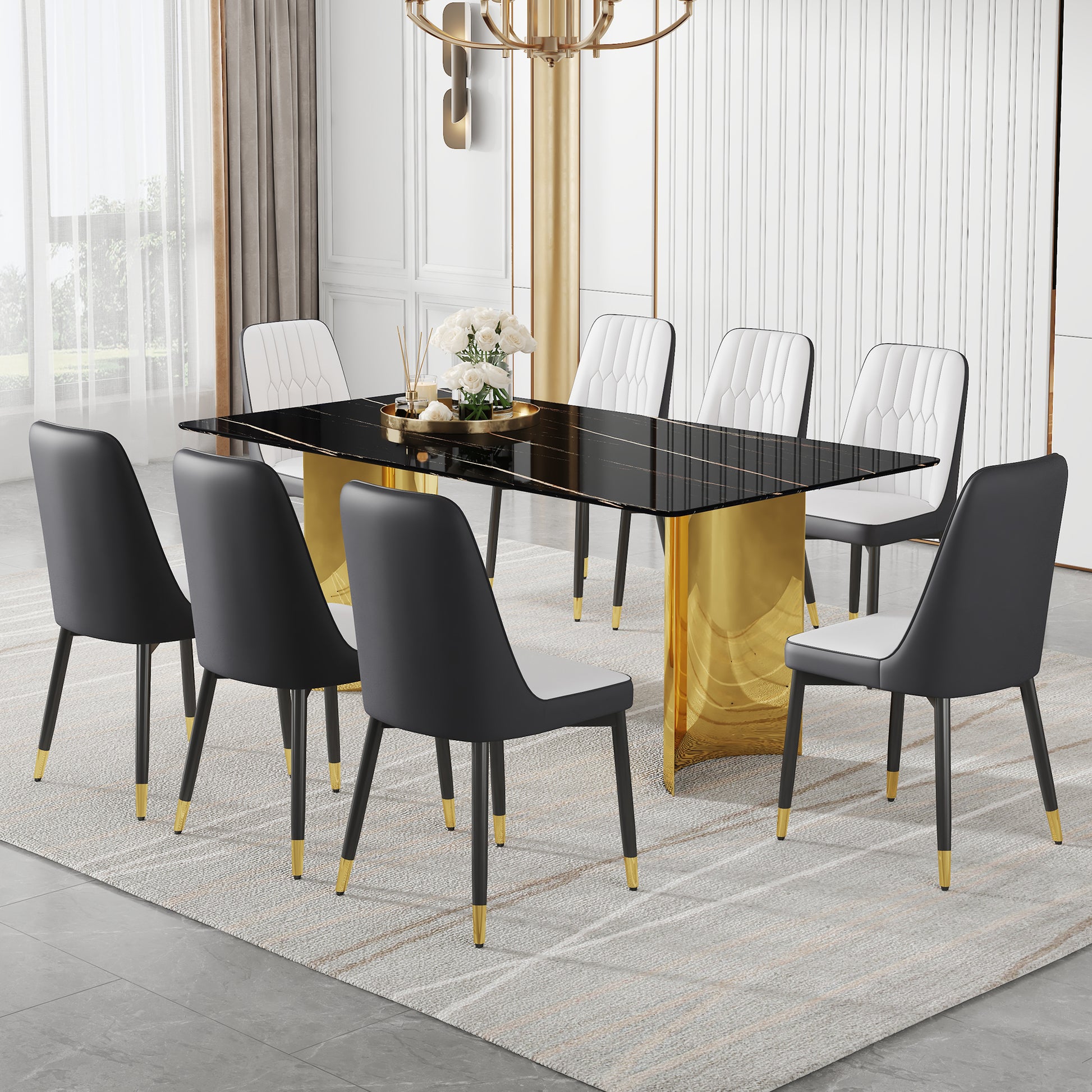 8 Person Glass Dining Table Set Black Gold