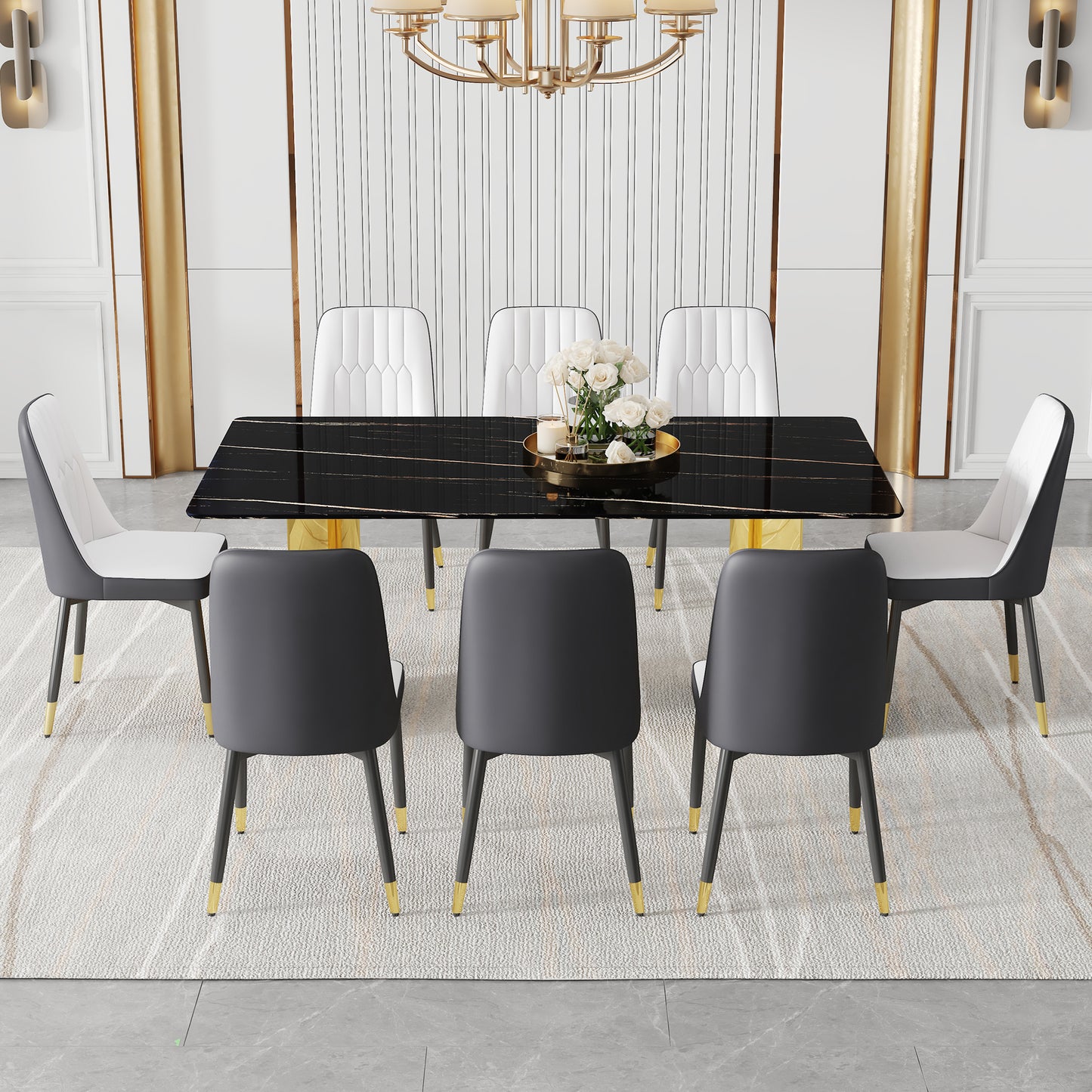 8 Person Glass Dining Table Set Black Gold
