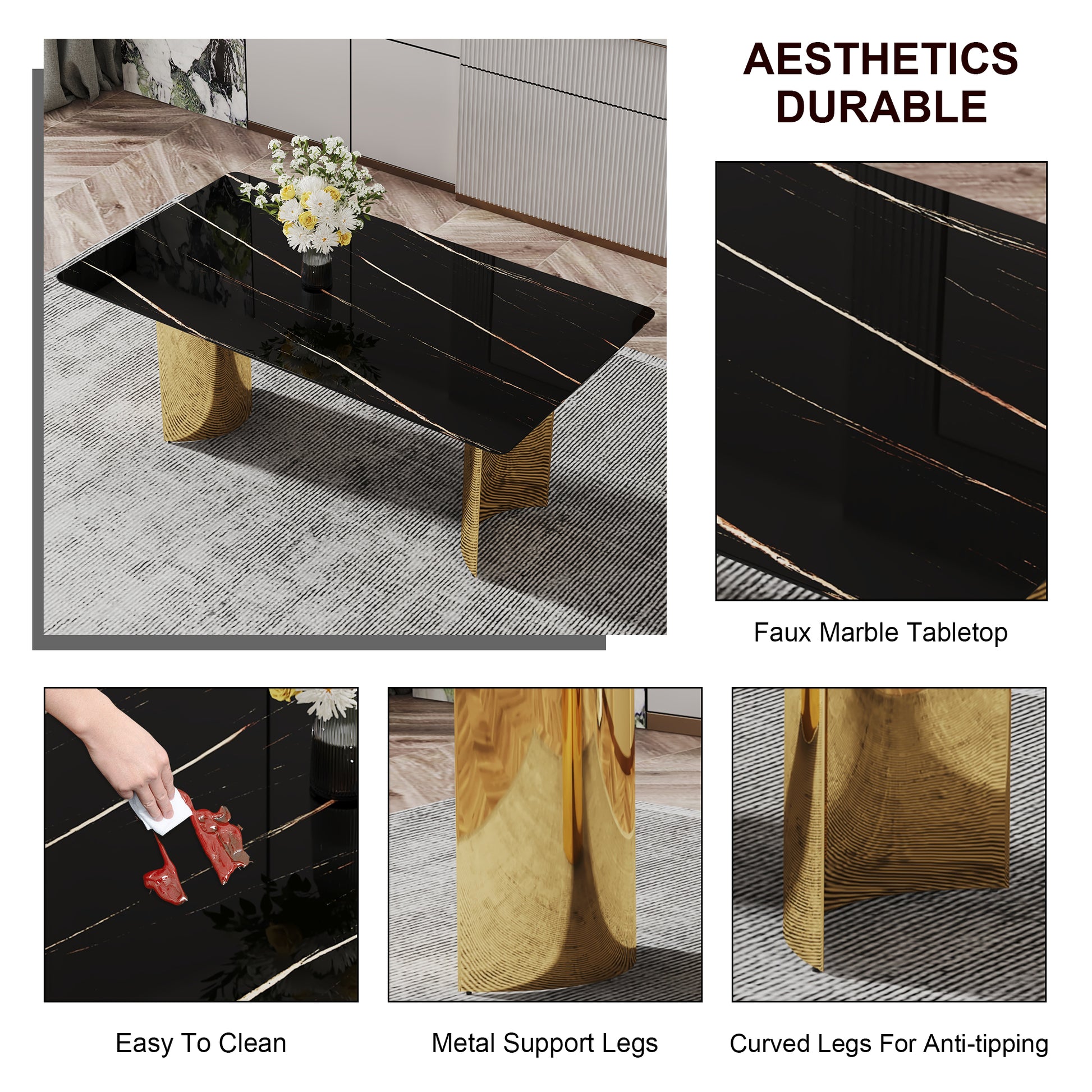 8 Person Glass Dining Table Set Black Gold