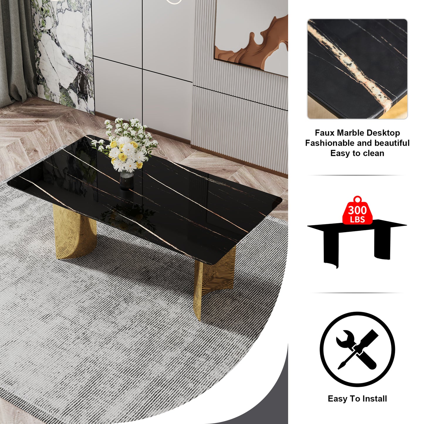 8 Person Glass Dining Table Set Black Gold