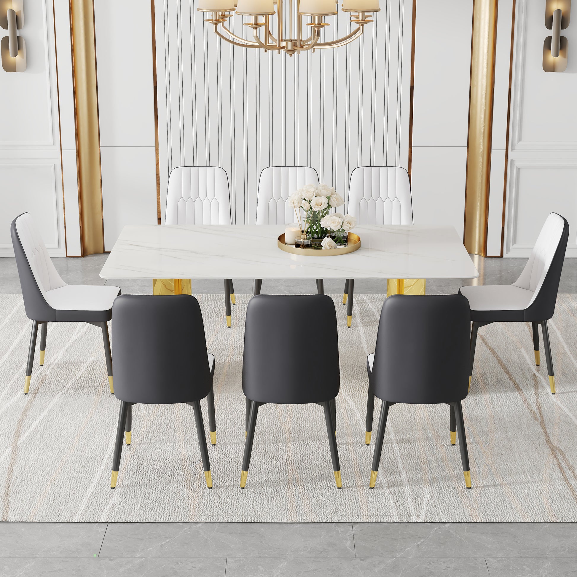 Table and chair set.The table has a glass top with imitation marble pattern stickers and stainless steel golden legs. Paried with 8 White and Dark Gray Spliced Color PU Dining Chairs.W1151S01573