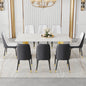 Table and chair set.The table has a glass top with imitation marble pattern stickers and stainless steel golden legs. Paried with 8 White and Dark Gray Spliced Color PU Dining Chairs.W1151S01573