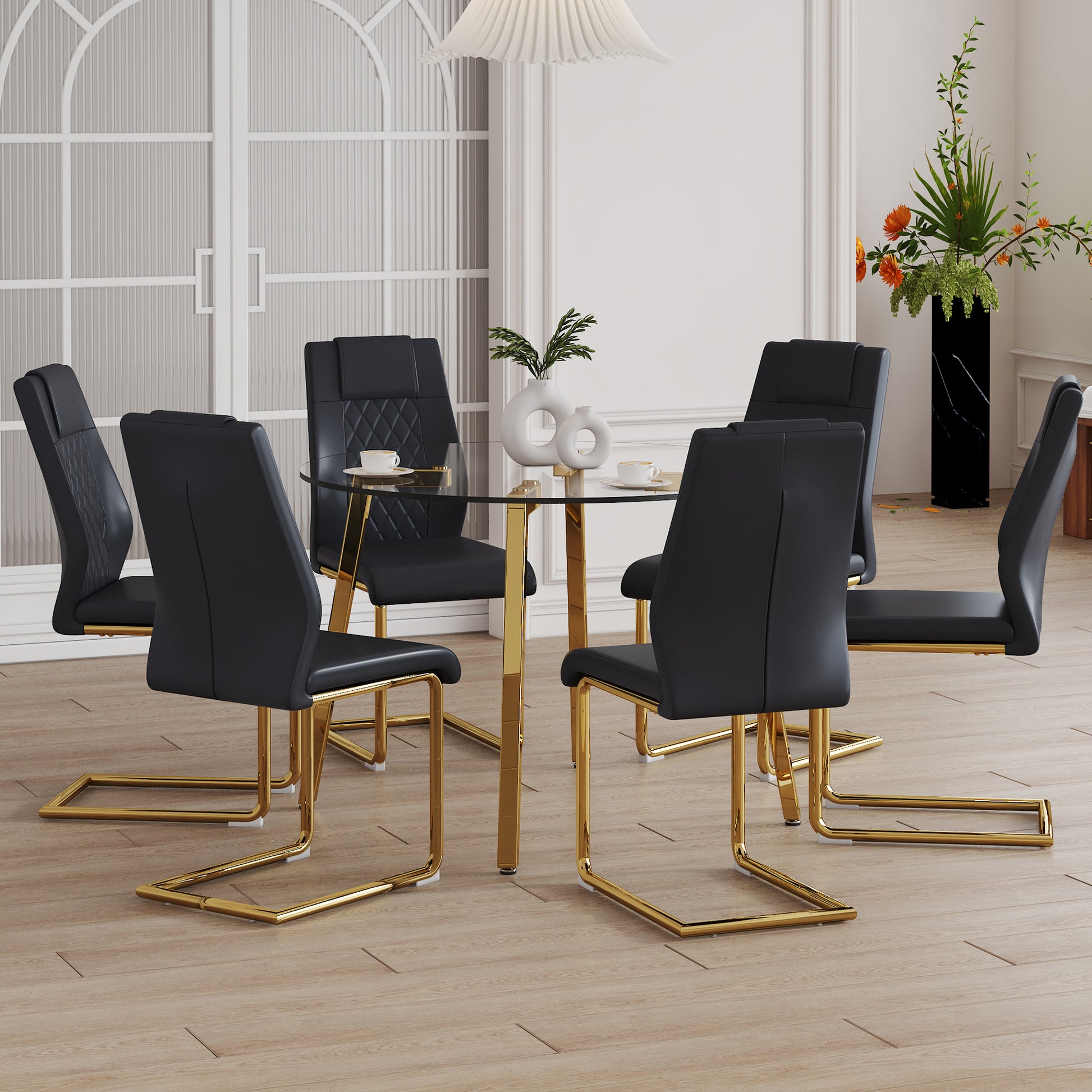 6 Person Glass Dining Table Set Transparent