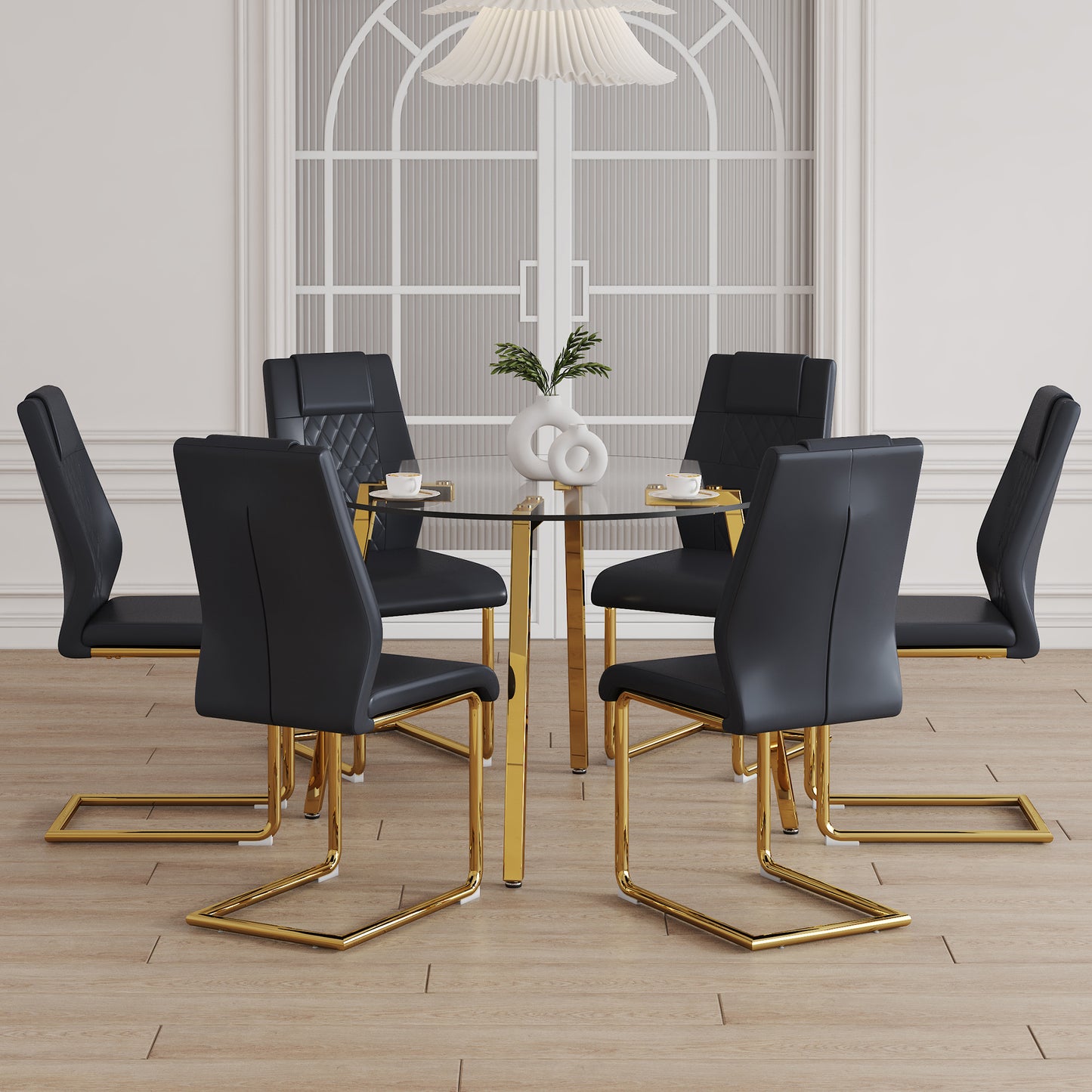 6 Person Glass Dining Table Set Transparent