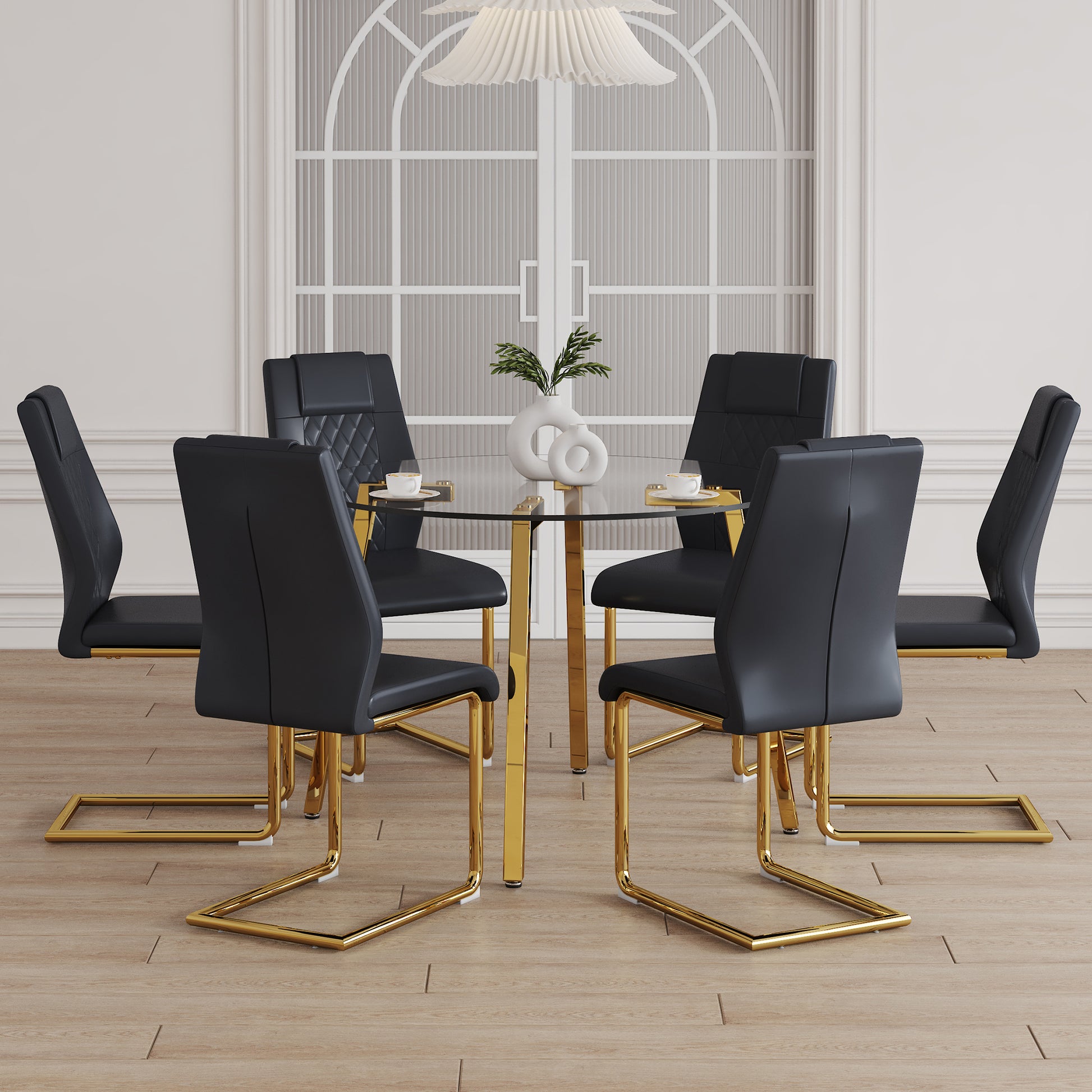 6 Person Glass Dining Table Set Transparent