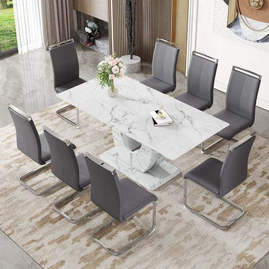 Table and chair set.Modern Simple Marble Pattern Dining Set - 71"x35.4" Table with 8 Dark Gray PU Chairs.White marble pattern sticker,Tempered glass tabletop,Featuring Arched Silver Metal Chair Legs.