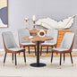Table and chair set.31.5 Inch Dark Wood Grain Round Dining Table - Suction Molding Annular Texture.Paired with 4 Brown and Light Gray Spliced Color PU Dining Chairs.