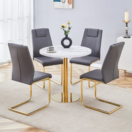 Table and chair set.31.5 Inch Elegant White Marble Pattern Round Dining Table - Suction Molding Annular Texture.Paired With 4 Gray High-quality PU Chairs With Arched Golden Metal Legs.
