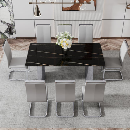 Table and chair set.The table has a glass top with imitation marble pattern stickers and stainless steel silver legs.Paired with 8 Light Gray PU Chairs with Silver C-tube Metal Leg.