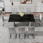 Table and chair set.The table has a glass top with imitation marble pattern stickers and stainless steel silver legs.Paired with 8 Light Gray PU Chairs with Silver C-tube Metal Leg.