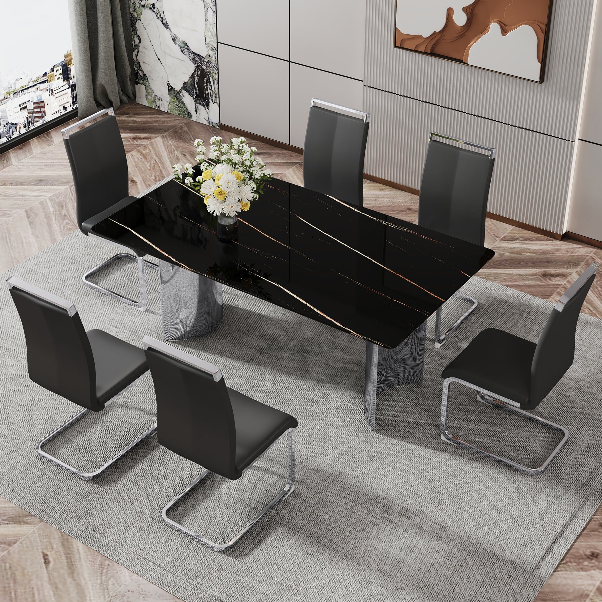 Table and chair set.The table has a glass top with imitation marble pattern stickers and stainless steel silver legs.Paired with 6 Black PU Chairs with Silver C-tube Metal Leg.