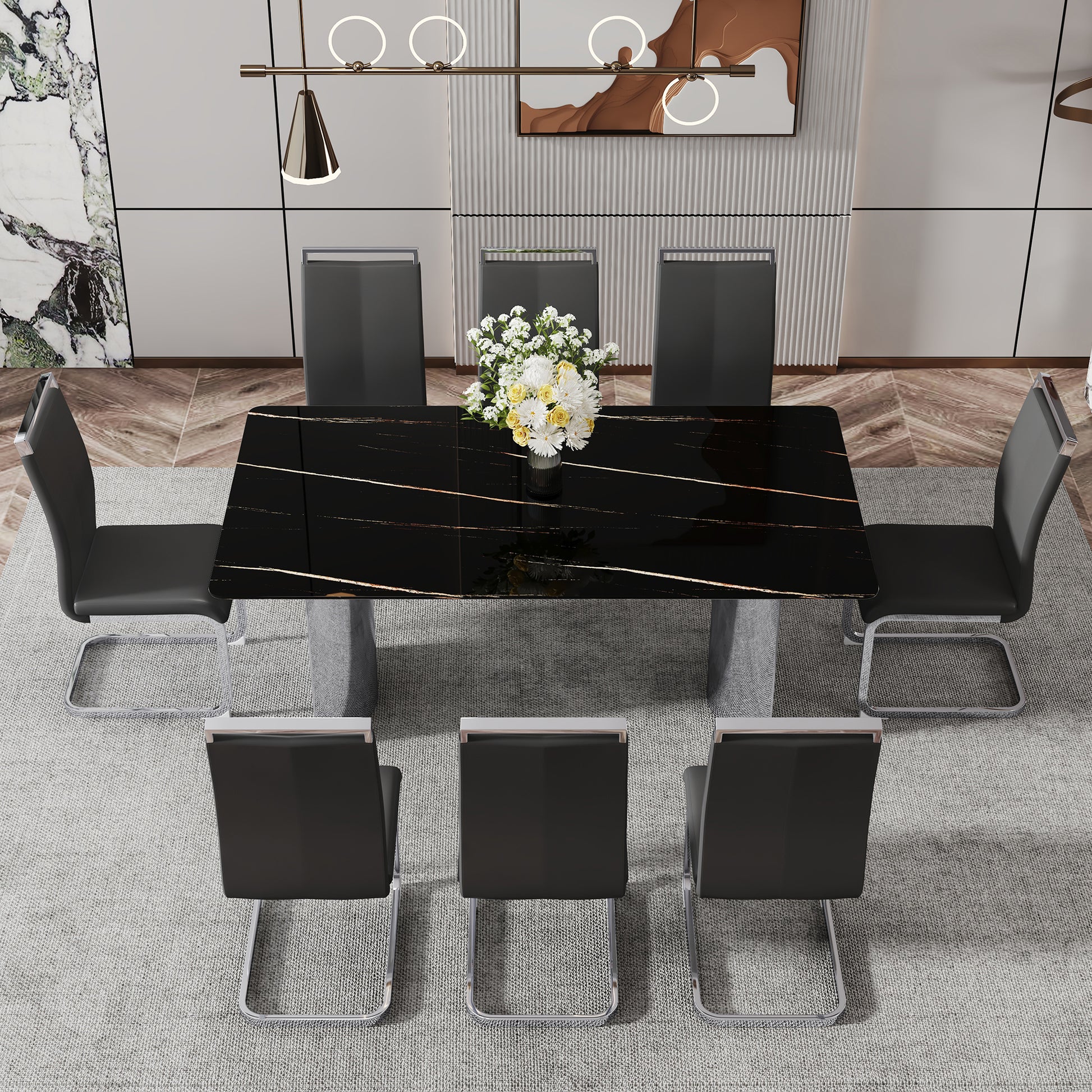 Table and chair set.The table has a glass top with imitation marble pattern stickers and stainless steel silver legs.Paired with 8 Black PU Chairs with Silver C-tube Metal Leg.