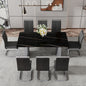 Table and chair set.The table has a glass top with imitation marble pattern stickers and stainless steel silver legs.Paired with 8 Black PU Chairs with Silver C-tube Metal Leg.