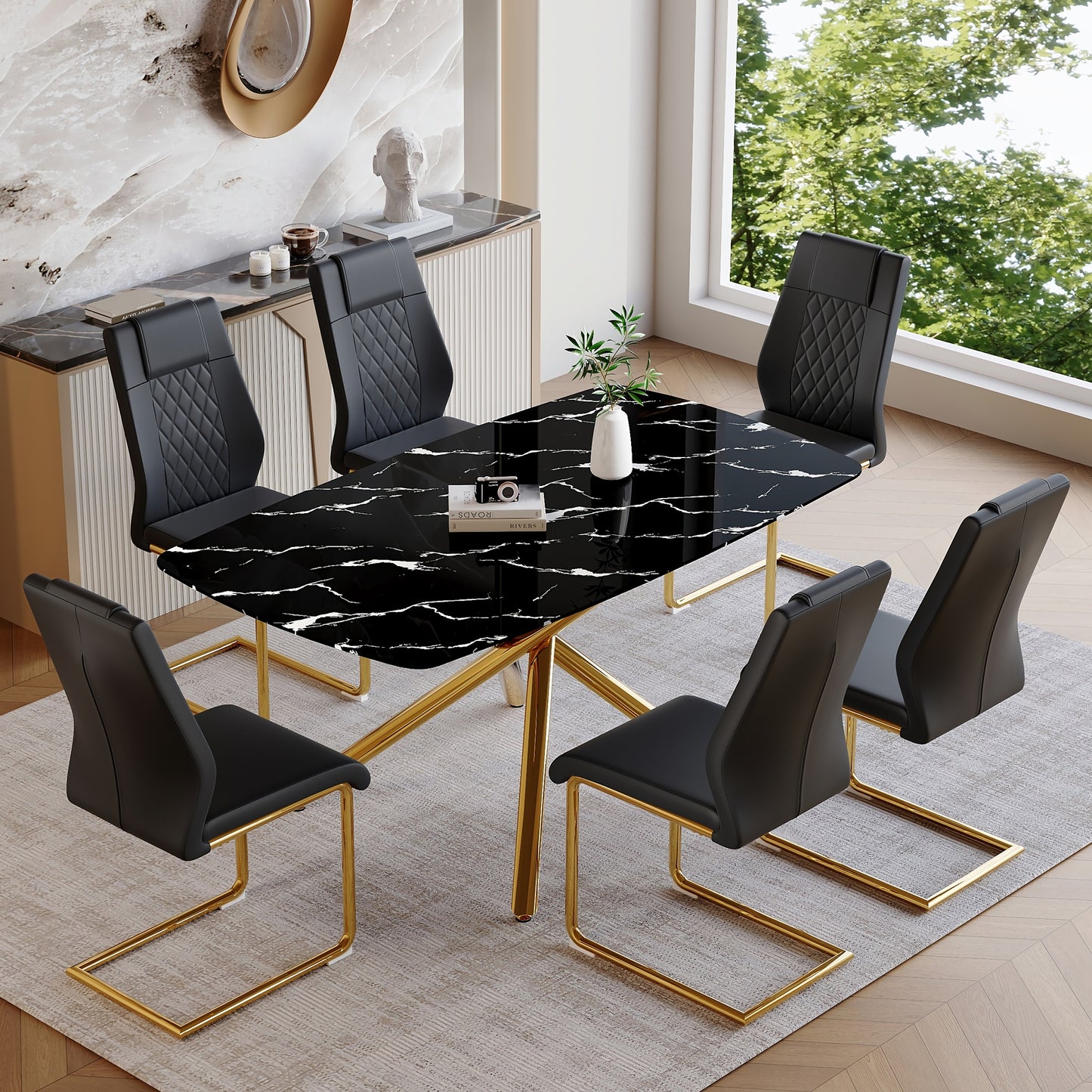 Black & Gold Dining Set - Table & 6 Chairs