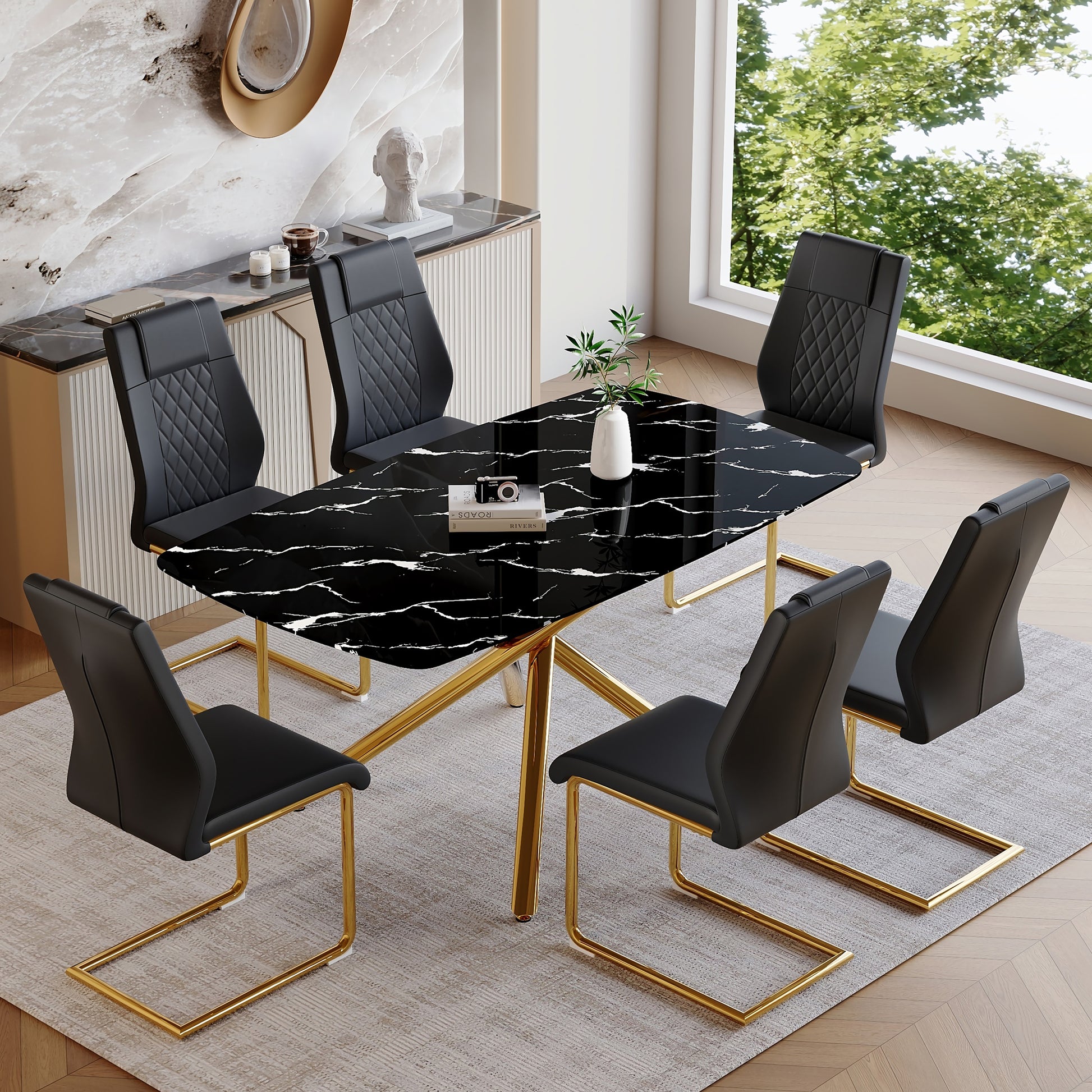 Black & Gold Dining Set - Table & 6 Chairs