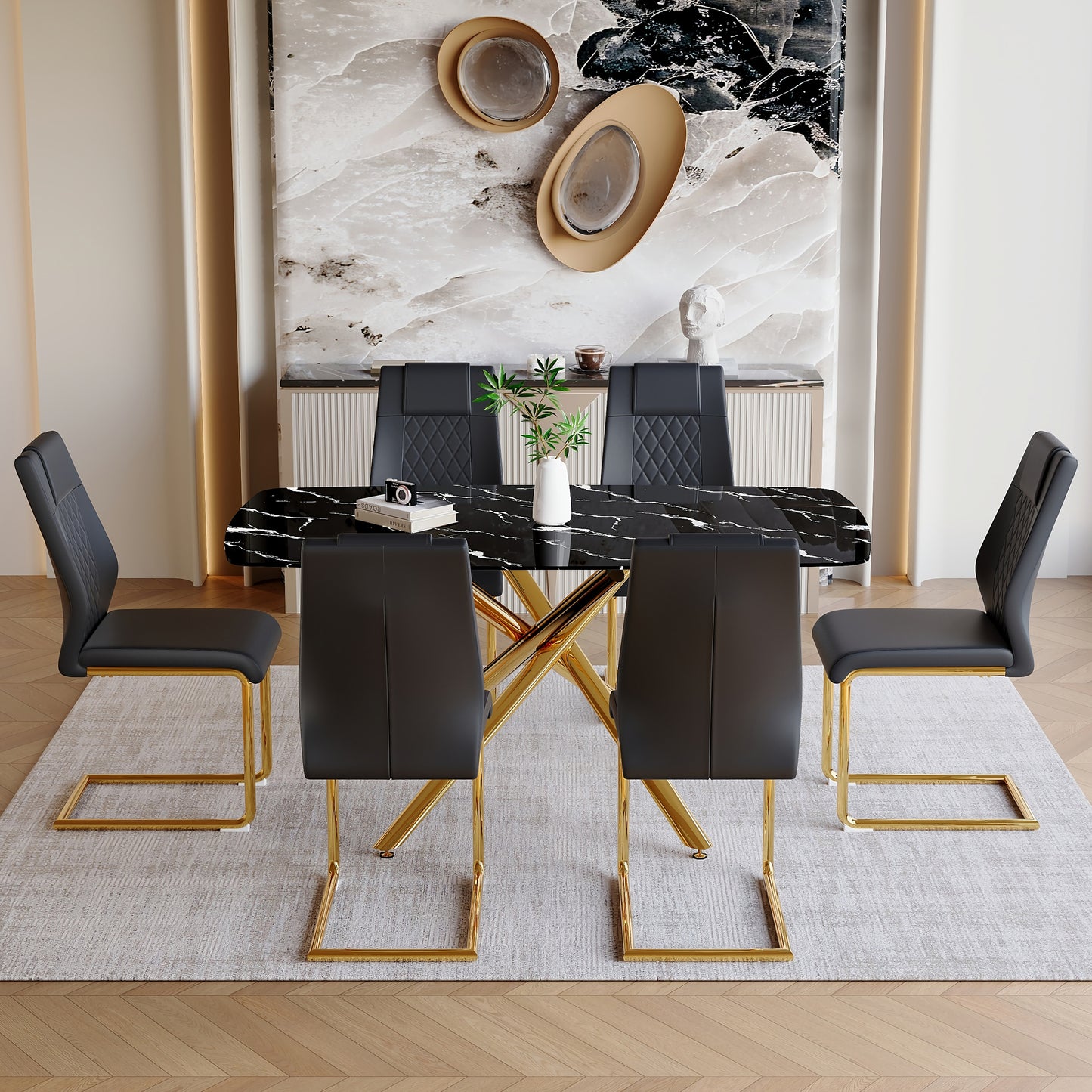 Black & Gold Dining Set - Table & 6 Chairs