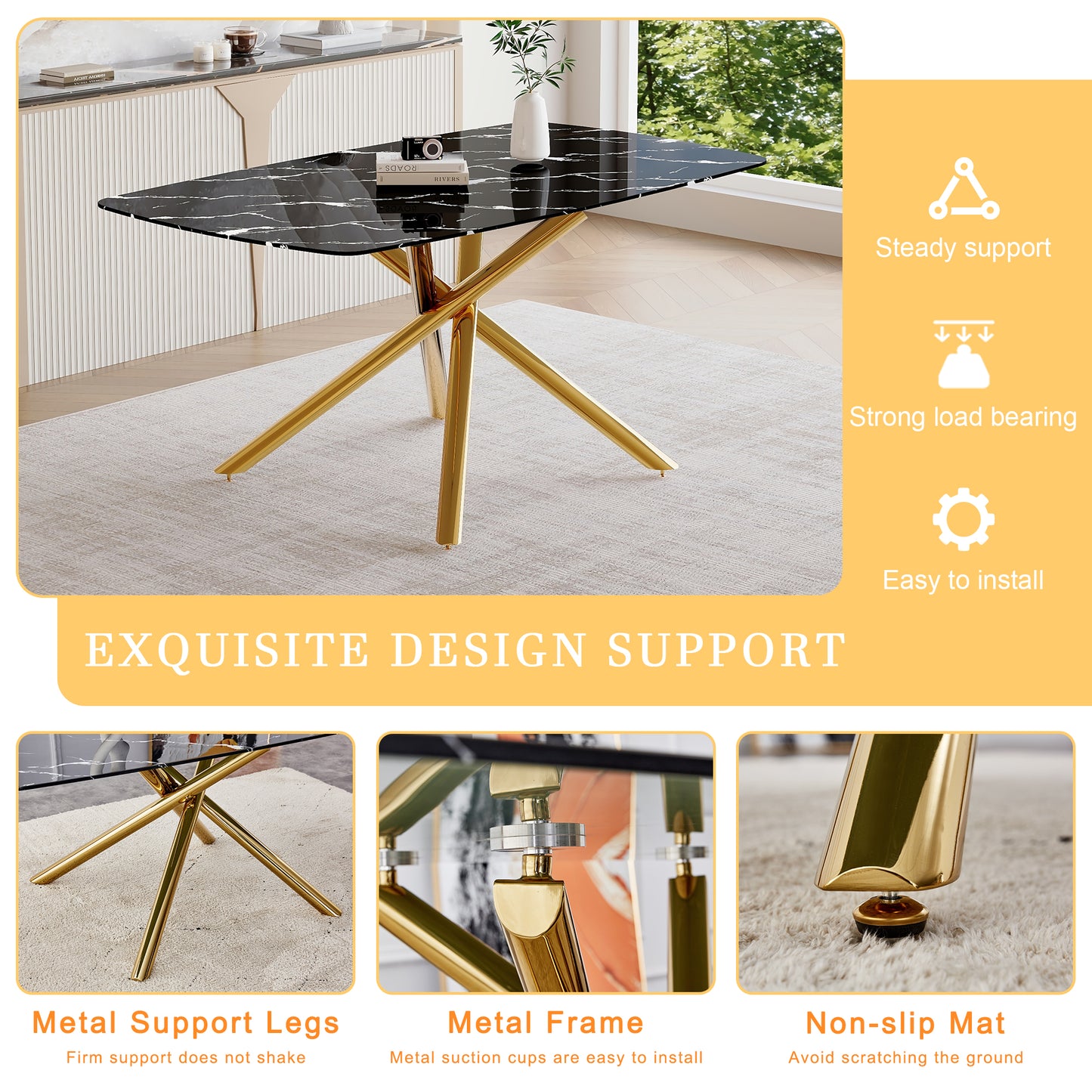 Black & Gold Dining Set - Table & 6 Chairs