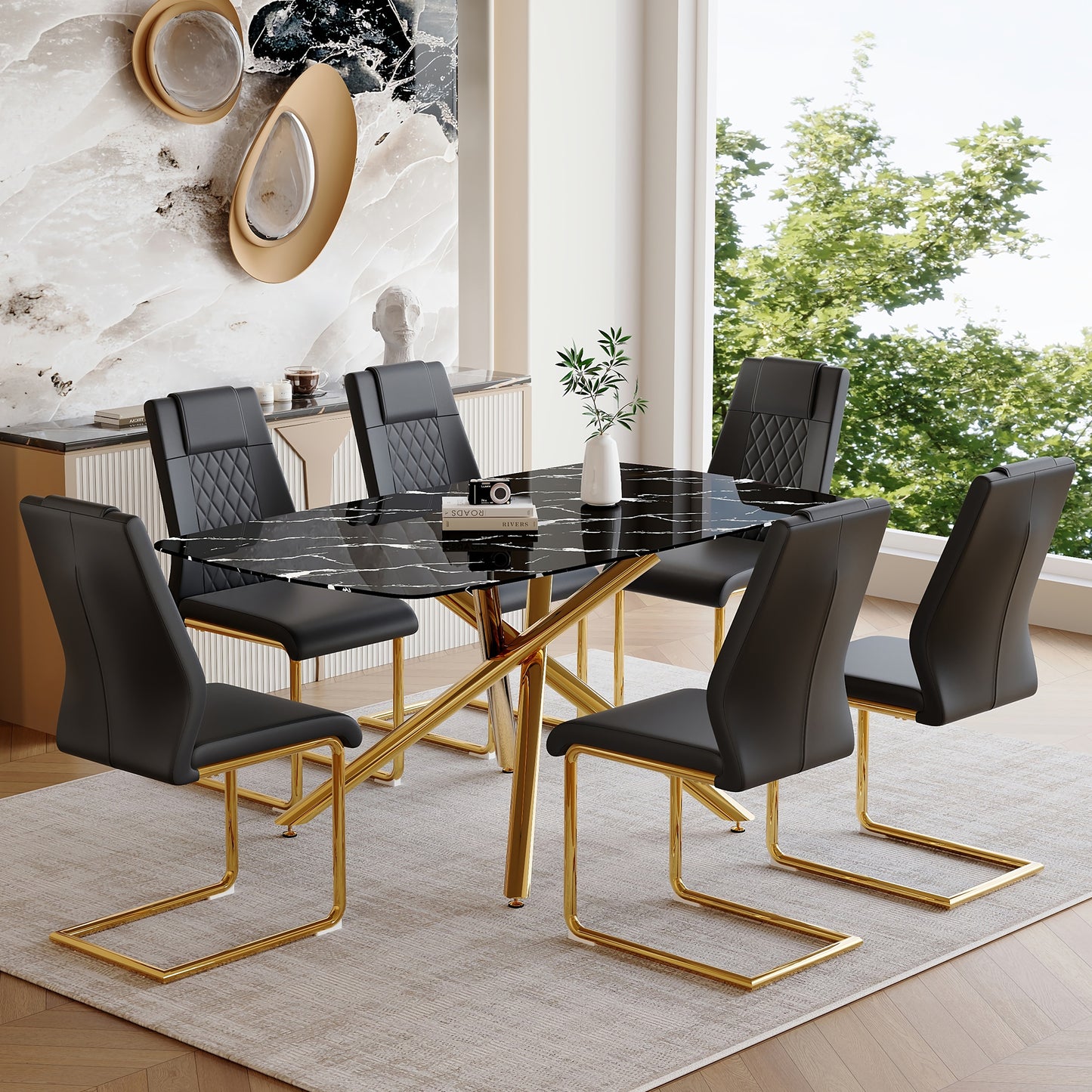 Table and chair set.63"x35.4"x30" Luxurious Black Marble-Patterned Tempered Glass Dining Table.Single Fork Golden Metal Table Legs.Paried With 6 Black High-quality PU Chairs With Arched Metal Legs.