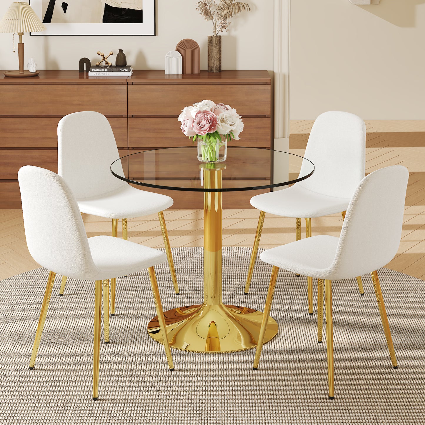 4-Person Round Glass Dining Table with Gold Chairs