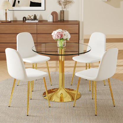 4-Person Round Glass Dining Table with Gold Chairs