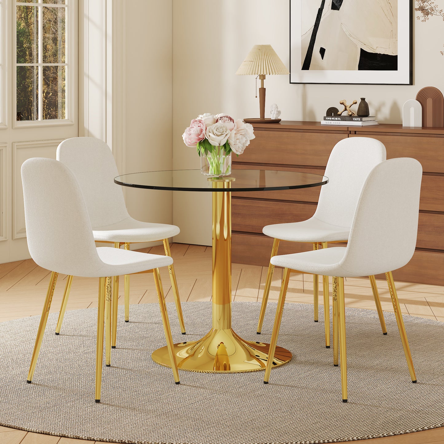 4-Person Round Glass Dining Table with Gold Chairs