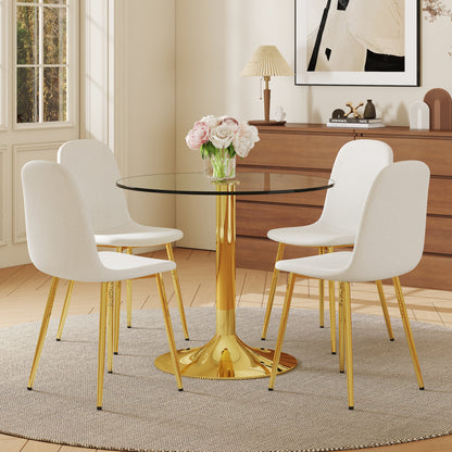 4-Person Round Glass Dining Table with Gold Chairs