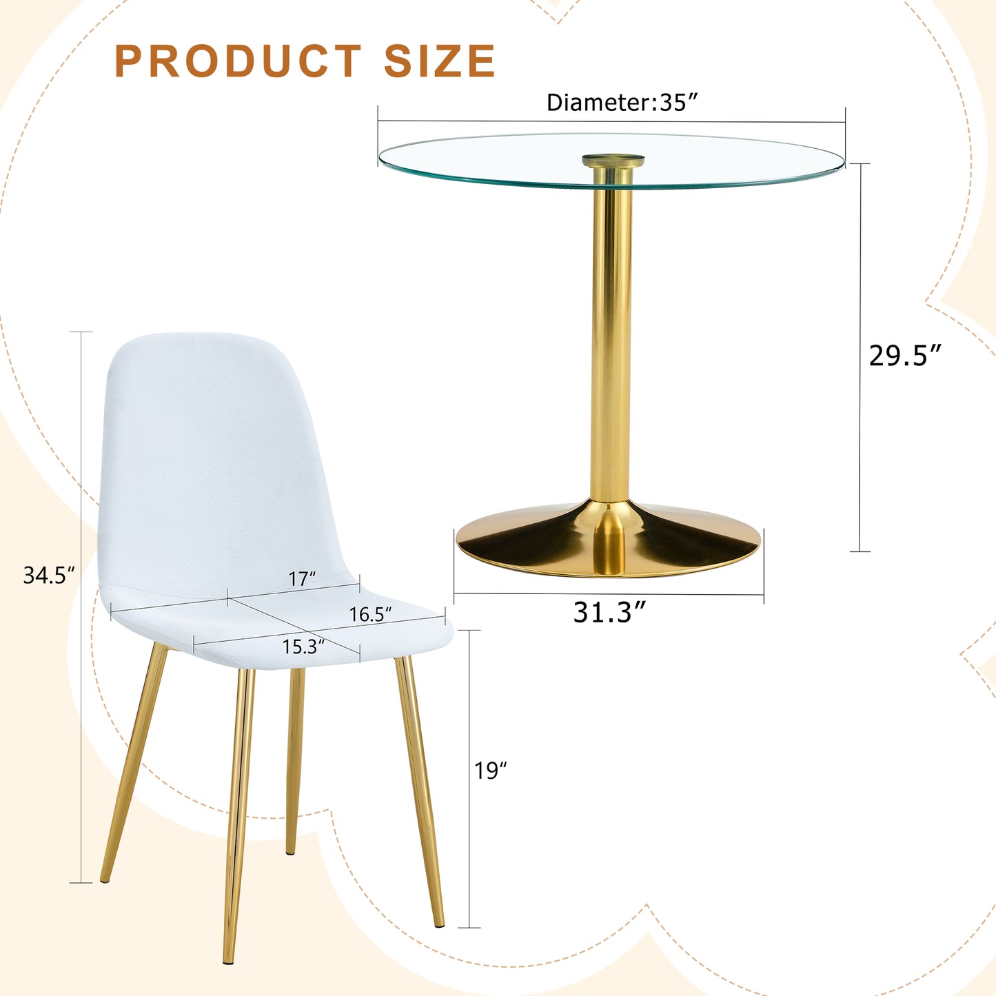 4-Person Round Glass Dining Table with Gold Chairs
