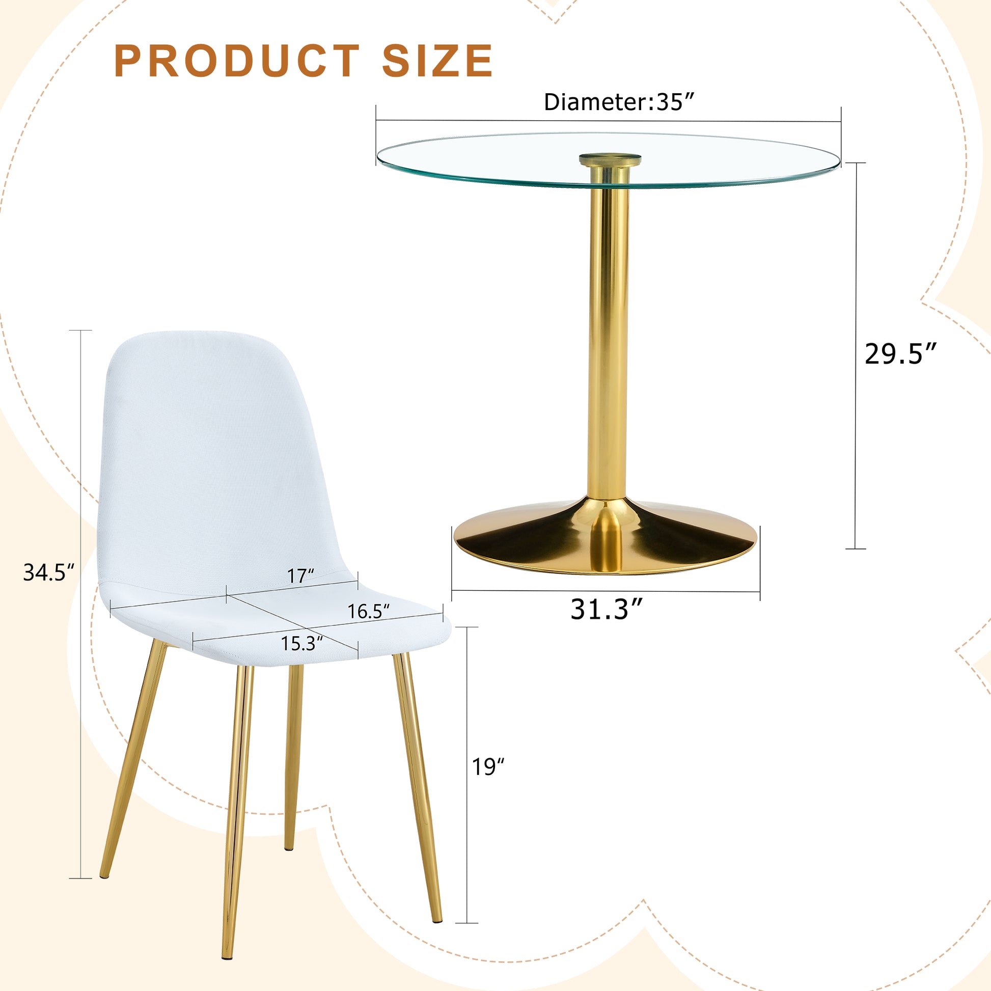 4-Person Round Glass Dining Table with Gold Chairs