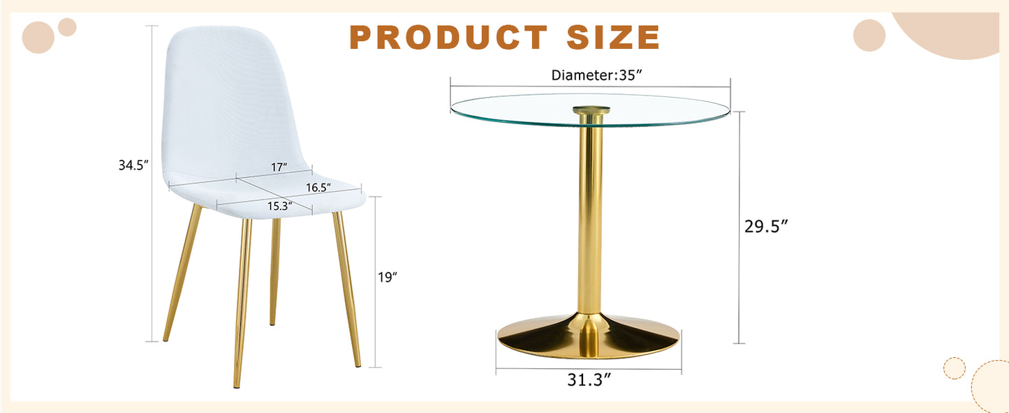4-Person Round Glass Dining Table with Gold Chairs