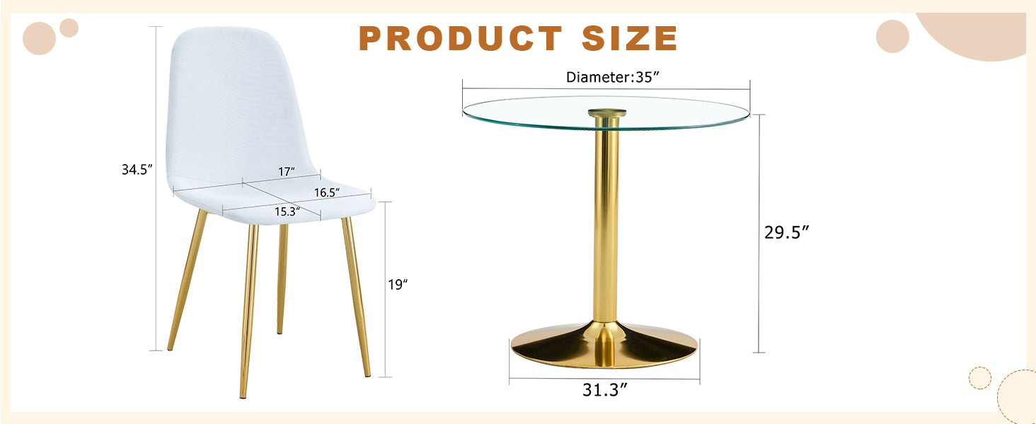 4-Person Round Glass Dining Table with Gold Chairs