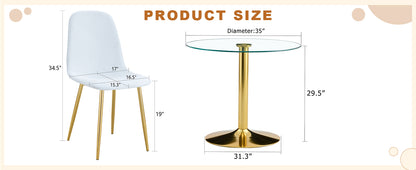 4-Person Round Glass Dining Table with Gold Chairs