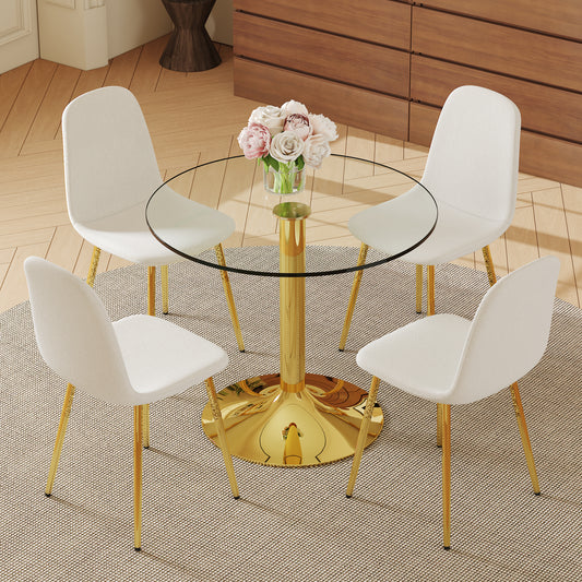 Table and chair set.A 35" Transparent Tempered Glass Round Dining Table-Gold Metal Bracket and Base.Paired with 4 White Linen-Cotton Material High Resilience Dining Chair with Metal Golden Leg.