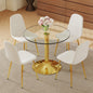 Table and chair set.A 35" Transparent Tempered Glass Round Dining Table-Gold Metal Bracket and Base.Paired with 4 White Linen-Cotton Material High Resilience Dining Chair with Metal Golden Leg.