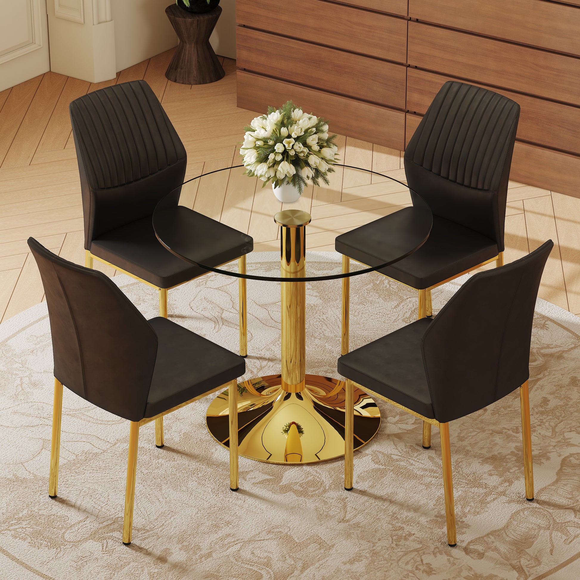 Round Dining Table Set - Black & Gold Glass, 4 Chairs