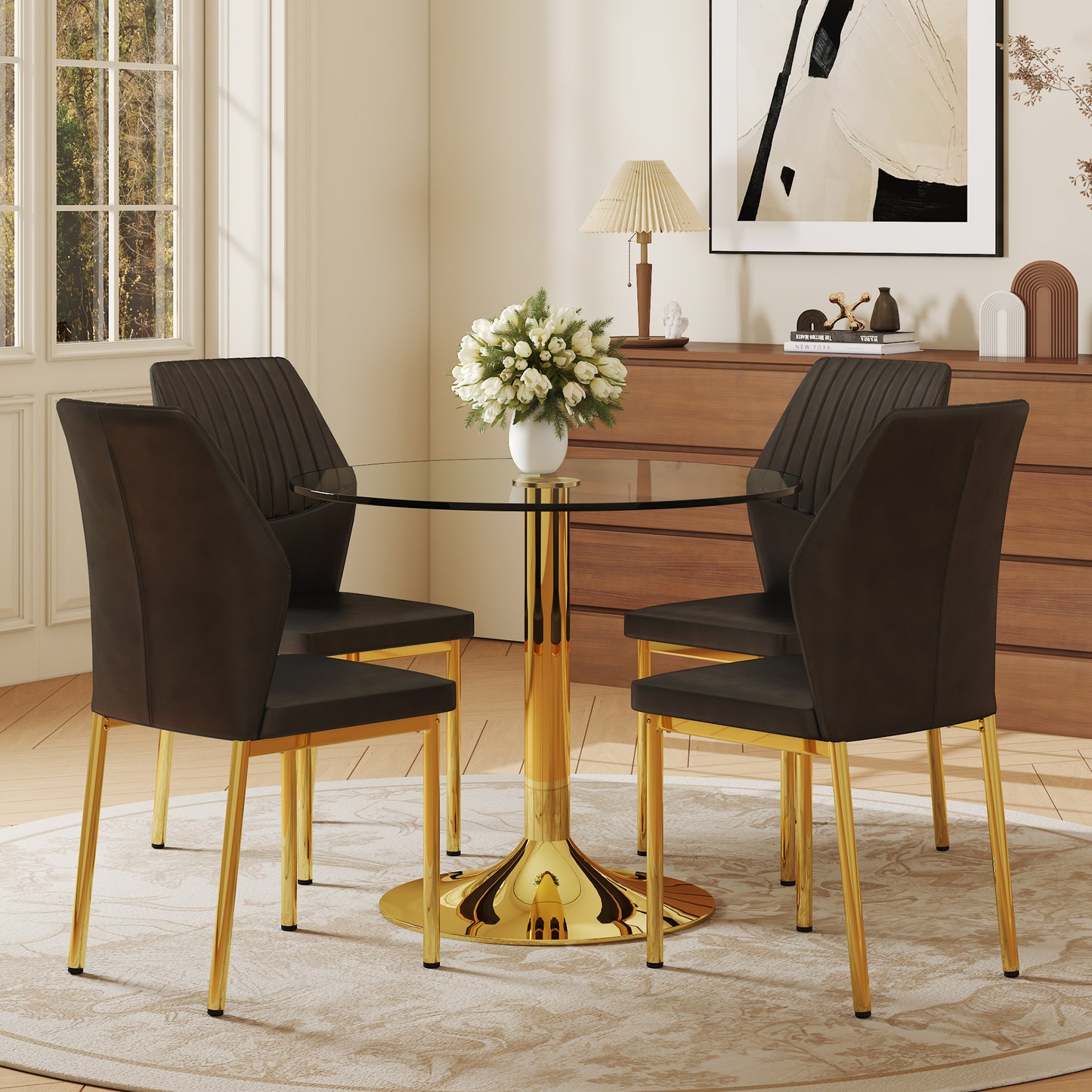 Round Dining Table Set - Black & Gold Glass, 4 Chairs