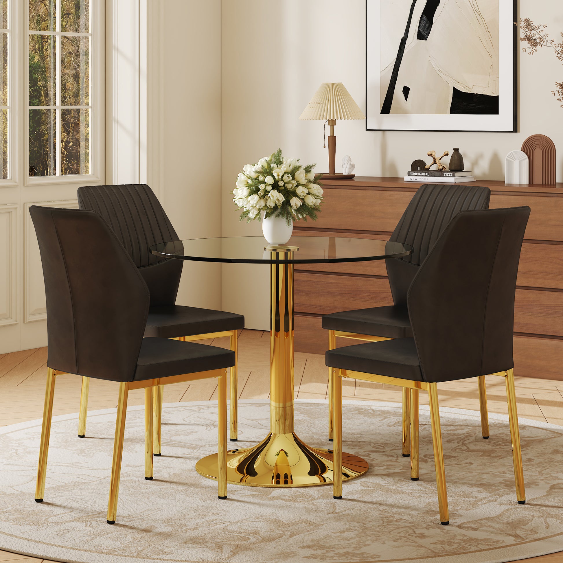 Round Dining Table Set - Black & Gold Glass, 4 Chairs