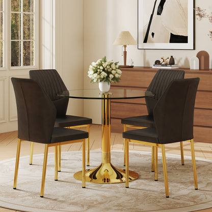 Round Dining Table Set - Black & Gold Glass, 4 Chairs