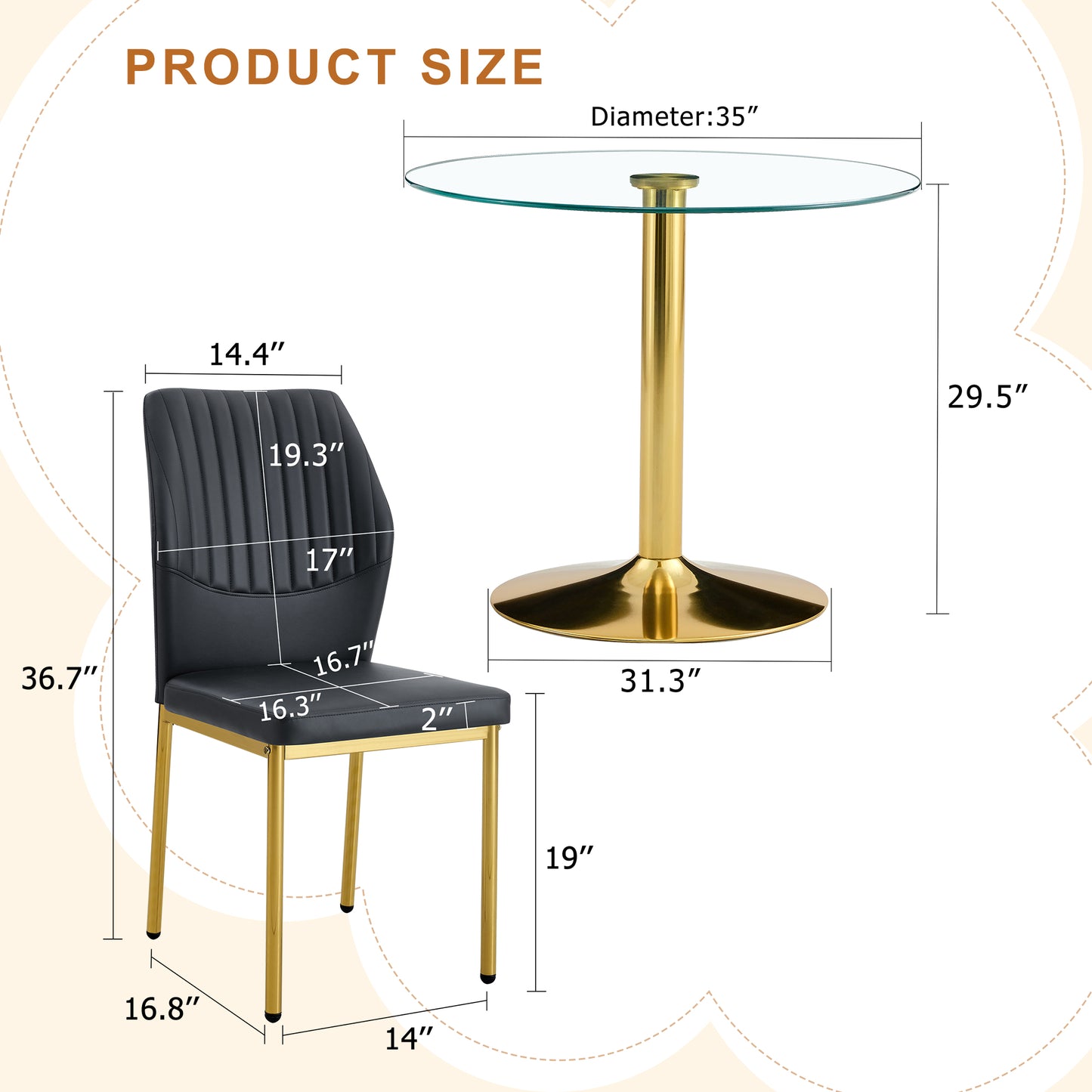Round Dining Table Set - Black & Gold Glass, 4 Chairs